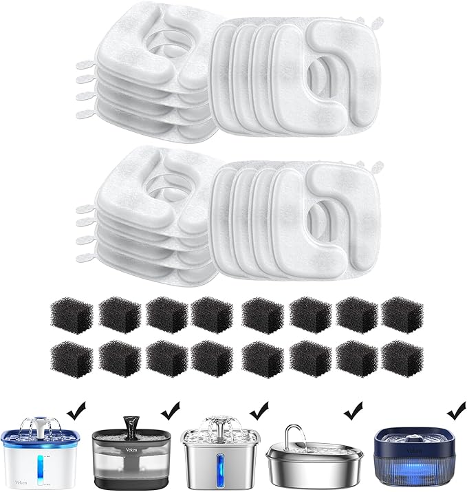 Veken Cat Water Fountain Filters, 16 Pack Replacement Filters | and 16 Pack Replacement Pre-Filter Sponges Set for 50oz, 84oz, 95oz or 108oz Automatic Pet Fountain Dog Water Dispenser