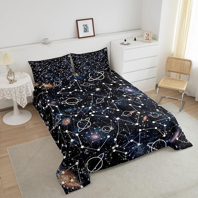 Erosebridal Starry Sky Comforter Set King Size Constellation Bedding Set Galaxy Sun Moon Down Comforter Purple Universe Print Bedroom Decor Quilt Set for Kid Men Women