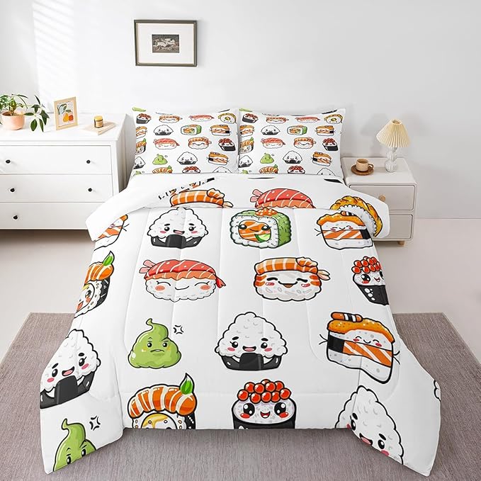 Feelyou Sushi Pattern Comforter Set Japanese-Style Bedding Set for Kids Boys Girls Teens Food Theme Comforter Cute Cartoon Japanese Sushi Duvet Set Room Decor Quilt Set Full Size Microfiber