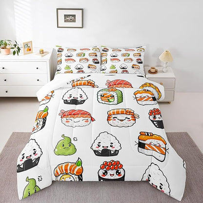 Feelyou Sushi Pattern Comforter Set Japanese-Style Bedding Set for Kids Boys Girls Teens Food Theme Comforter Cute Cartoon Japanese Sushi Duvet Set Room Decor Quilt Set Full Size Microfiber