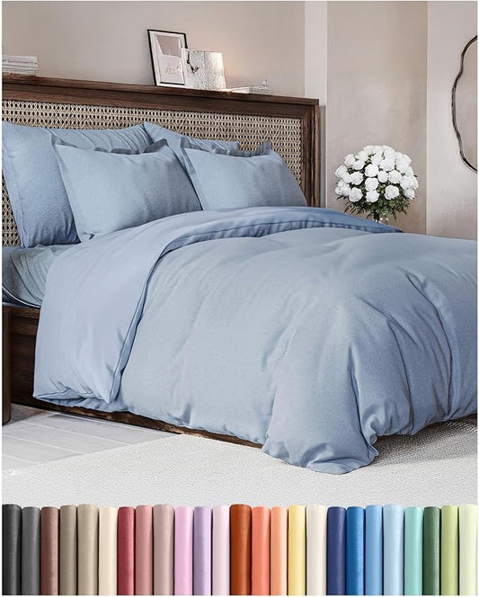 Duvet Cover Cal King Size Set - Extra Soft Cal King Duvet Cover 104" x 98" with 2 Pillow Shams - Hotel Luxury, Easy Care & Fade Free w/ Zipper Closures & Ties - Comfy and Breathable (Heathered Blue)