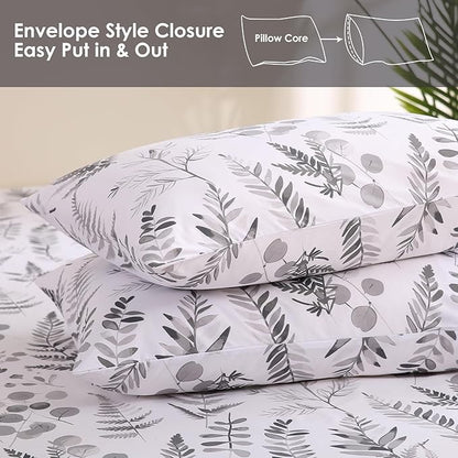 JSD Boho Floral Sheet Set Full Size, 4 Piece Grey Herbs Ferns Printed Microfiber Bed Sheets Deep Pocket