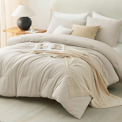 CozyLux King Size Comforter Set Oatmeal, 3 Pieces Solid Comforters King Size Breathable Quilted Bedding Sets, Luxury Soft Lightweight Bed Set with Down Alternative Comforter and 2 Pillowcases
