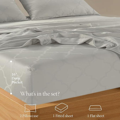 Threadmill Cotton Full Size Sheet Set | 100% Cotton Sheets for Full Size Bed | Damask Jacquard Full Bed Sheets Set with 16” Deep Pocket | Soft Sateen Weave 4-Piece Cooling Bedding Set | Light Grey