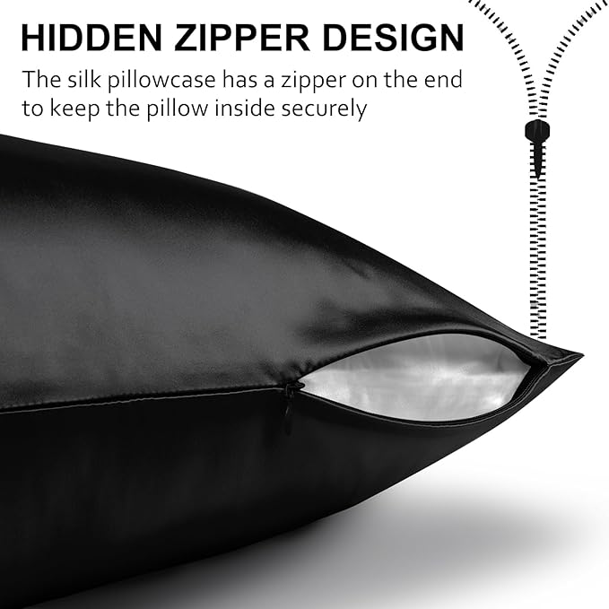 Ravmix Silk Pillow Cases with Zipper, 21momme Mulberry Silk Pillowcase for Hair Skin Health, Soft Smooth Breathable Cool Pillow Cover for Beauty Sleep with Gift Box 1PC(Standard 20"x26", Black)
