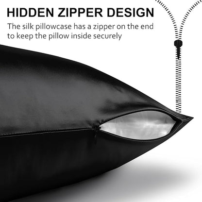 Ravmix Silk Pillow Cases 2 Pack with Zipper, 21momme Mulberry Silk Pillowcase for Hair Skin, Soft Smooth Breathable Cool Pillow Cover for Beauty Sleep with Gift Box(Standard 20"x26", Black)
