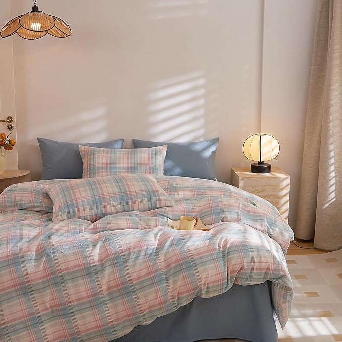 EAVD Vintage Style Gingham Comforter Set Full Blue&Pink Grid Plaid Comforter Set with 2 Pillowcases Reversible Farmhouse Gingham Bedding Set for All-Season Boho Grid Checkered Bedding Set