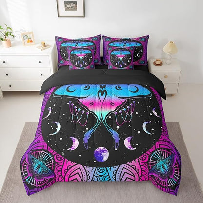 Erosebridal Exotic Moth Comforter Set 7 Piece Bed in a Bag Twin,Sun and Moon Bedding Sets Bohemian Flowers Sheet Set with Comforter