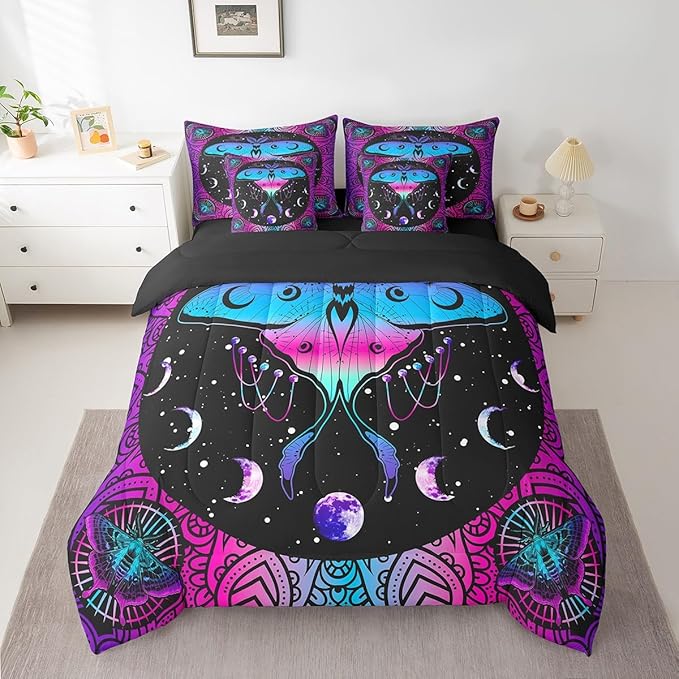 Erosebridal Exotic Moth 7 Piece Comforter Set Full Bed in a Bag,Sun and Moon Bedding Sets Bohemian Flowers Sheet Set with Comforter