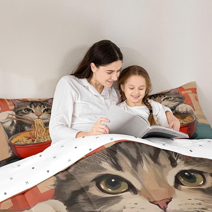 Erosebridal Cat Quilt Insert Twin Size Noodles Bedding Set for Kids Boys Girls Bowl Food Kawaii Cute Kitten Red Grey Comforter Warm Soft Comforter Set