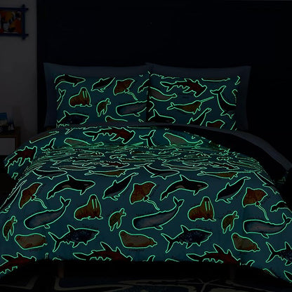 Full Size Comforter Set for Boys-7 Pieces Ocean Animals Glow in the Dark Full Bedding Sets for Kids, Ultra Soft Bed in A Bag with Sheets