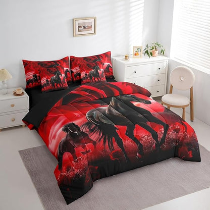 Erosebridal Horse 7 Piece Comforter Set Full Bed in a Bag,Red Rose Flowers Bedding Sets Western Animals Sheet Set with Comforter
