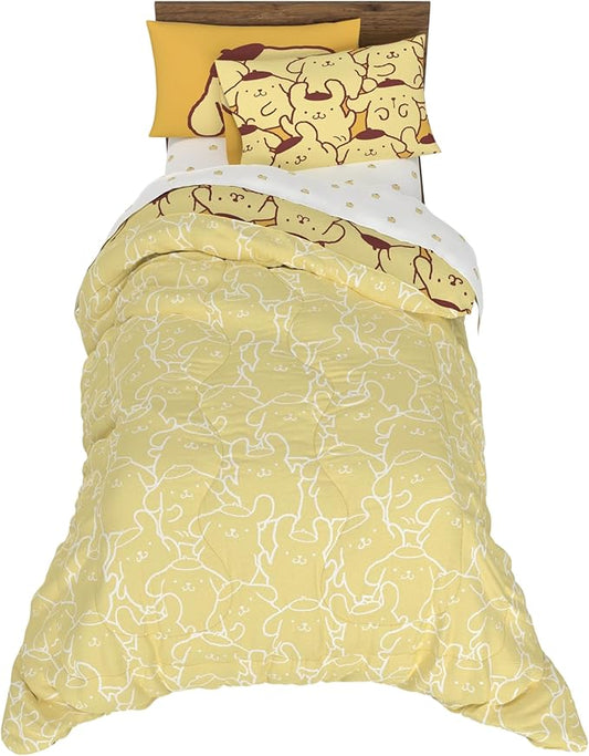 Sanrio Pompompurin Bedding Set, Twin Size 5 Piece Set Kids Super Soft Cozy Reversible Comforter and Sheet Set with Sham, (100% Officially Licensed Product) by Franco