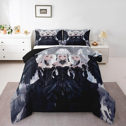 Erosebridal Japanese Anime Full Size Comforter Set, Anime Girl Bedding Set Kawaii Japanese Style Quilt Cartoon Japan Animation Duvet Insert for Boys Teens Adult Women Bedroom Decor, Black