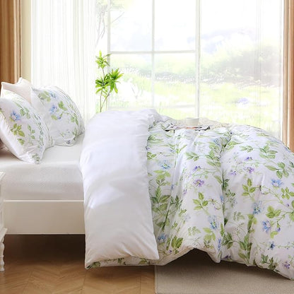 MUXHOMO Duvet Cover King Size, Reversible Floral Vintage Duvet Cover Set with Zipper Closure, 3 Pieces Botanical Patterns Soft Microfiber Bedding Set (90"x104", 2 Pillow Cases 20"×36", Green Branch)