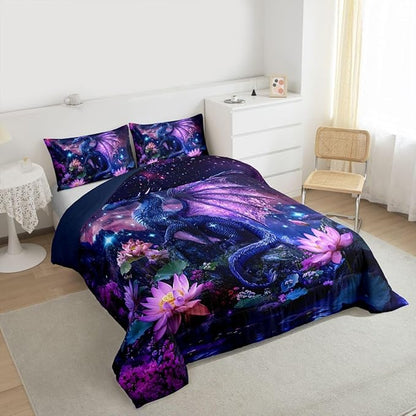 Feelyou Dragon Comforter Set Toddler Size Dragon Stuff Bedding Set for Kids Boys Girls Wild Life Duvet Quilt Magic Wildlife Bedroom Decor Dull Purple Microfiber 2 Pcs with 1 Pillow Cases