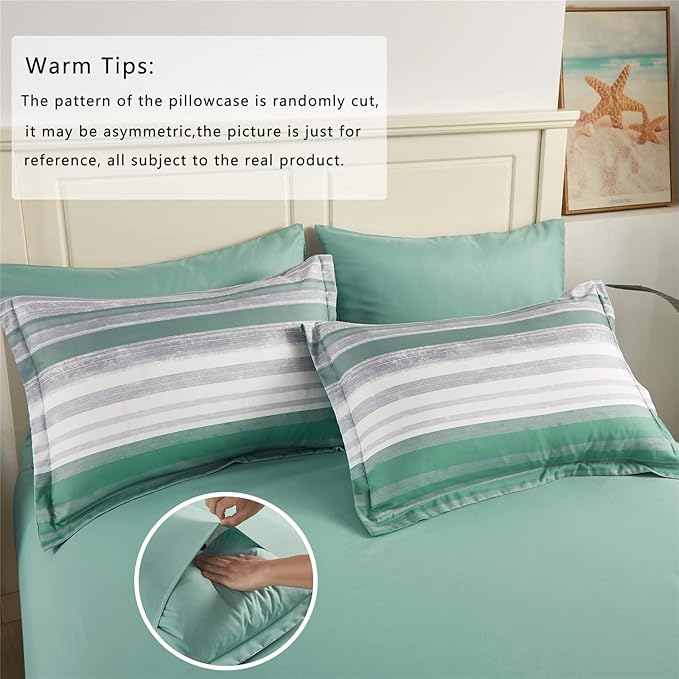 KAKIJUMN 7 Piece Bed in a Bag Stripe Comforter Set Queen Size, White Grey Sage Green Patchwork Striped Comforter and Sheet Set, All Season Soft Microfiber Complete Bedding Sets(Green,Queen)