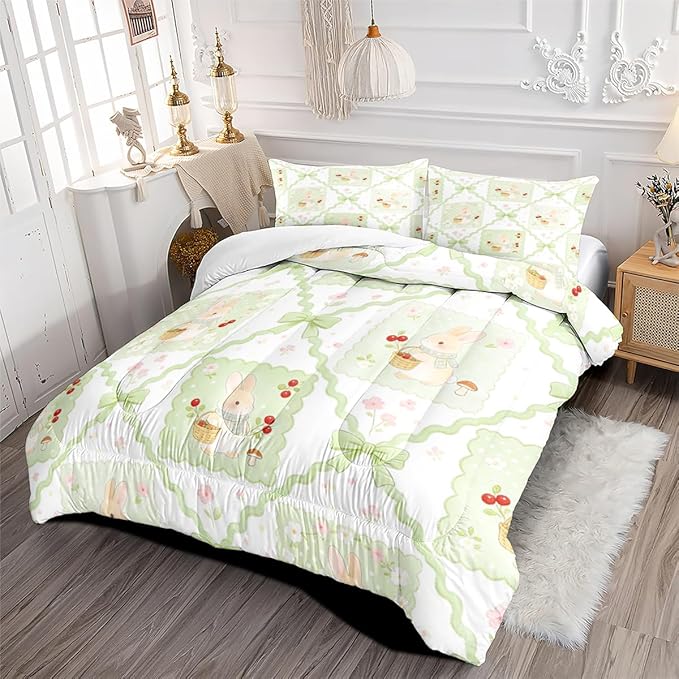 Gingham Cherry Bedding Set for Girls Twin Size, 2 Pieces Green Bunny Animal Printed Comforter Set, 100% Microfiber, Includes 1 Comforter (68" x 90") and 1 Pillowcase