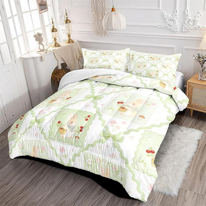 Green White Patchwork Cherry Bedding Set King Size, 3Pcs Cute Cartoon Bunny Comforter Set for Girls Women Bedroom Decor, Includes Comforter (104" x 90") and 2 Pillowcases, All Season