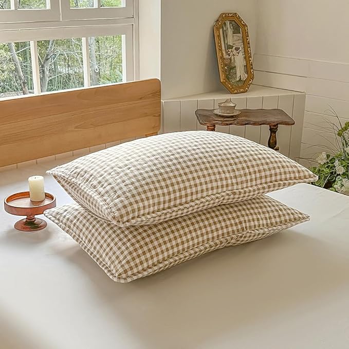 NSNLGSGC Tan Gingham Twin Quilt Set, Soft Pre-Washed Microfiber Taupe Plaid Twin Bedspread, Lightweight Checked Summer Quilt, Grid Bedding Coverlets for All Seasons (Includes 1 Quilt, 1 Pillow Sham)