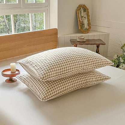 NSNLGSGC Tan Gingham Twin Quilt Set, Soft Pre-Washed Microfiber Taupe Plaid Twin Bedspread, Lightweight Checked Summer Quilt, Grid Bedding Coverlets for All Seasons (Includes 1 Quilt, 1 Pillow Sham)