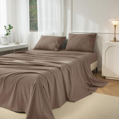 JIYUAN Twin Size Sheet Set, 3-Piece - 100% Washed Cotton, Linen-Like Soft & Breathable, Includes Deep Pocket Fitted & Flat Sheet with 1 Pillowcases, Hotel Quality, Solid Light Brown
