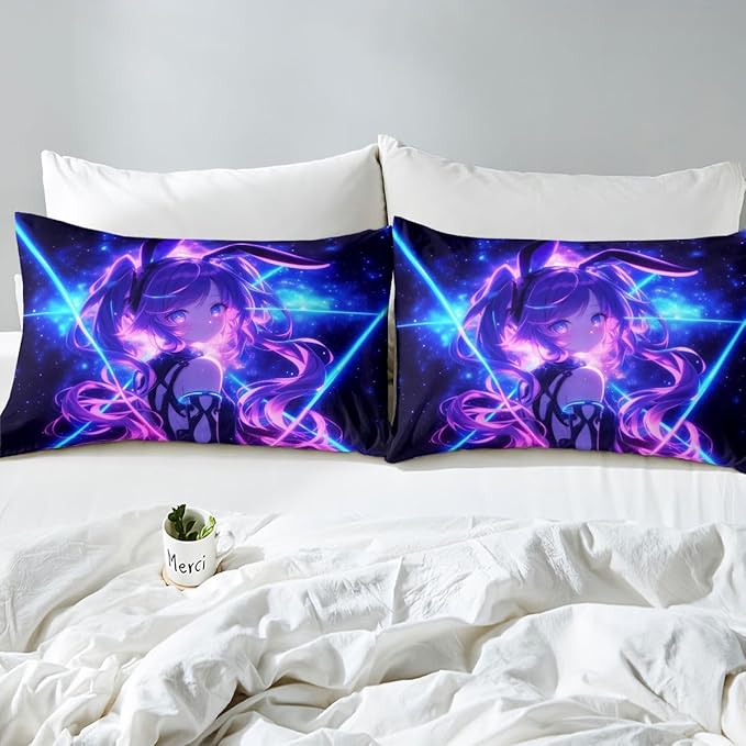 Erosebridal 3D Anime Full Bed Sheets for Kids Boys Girls Japanese Girl Fitted Sheet,Girly Galaxy Stars Bedding Sets Purple Neon Sheets with 2 Pillowcases