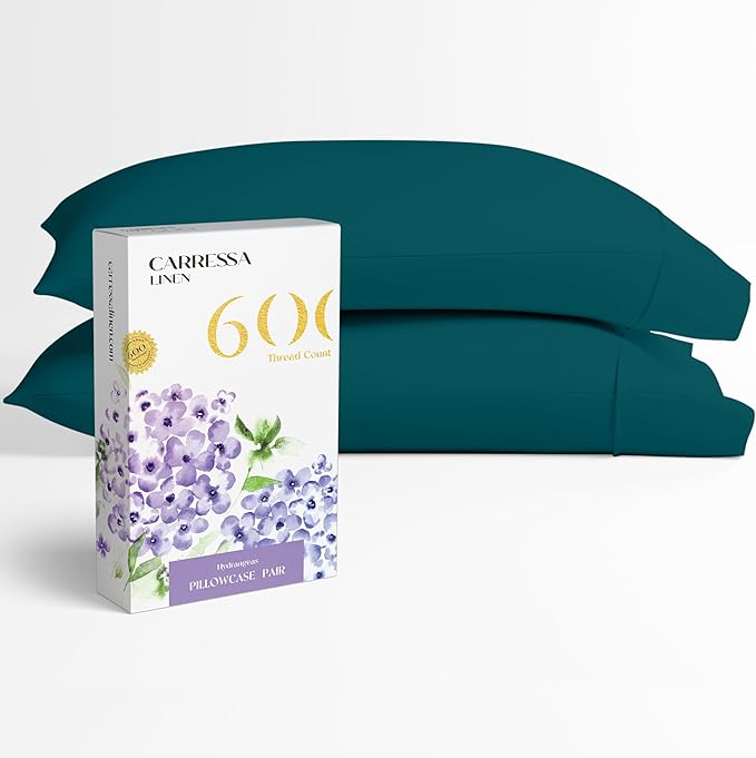 Carressa Linen 100% Egyptian Cotton Pillow Cases Standard Size Set of 2 - Luxury 600 Thread Count Queen/Standard Pillowcases (Teal), Soft, Cooling Extra Long Staple Sateen Weave Hotel Pillow Covers