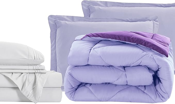 Elegant Comfort 7-Piece Bed-in-a-Bag Comforter & Sheet Set - Luxury 1500 Thread Count Split King Size, Cozy Sheets and Comforter, Wrinkle and Stain Resistant, Lilac/Purple