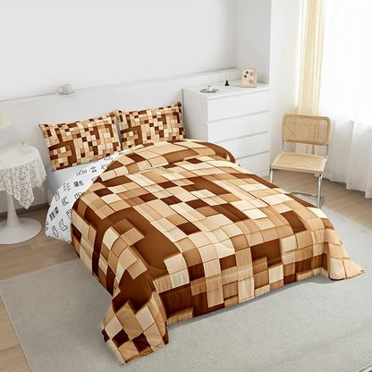 Pixelated Kids Bedding Set King Size,Patchwork Grid Video Games Comforter Set,Miners Lattice Simple Quilt Comforter,Light Brown Bedroom Duvet Insert,2 Pillowcases