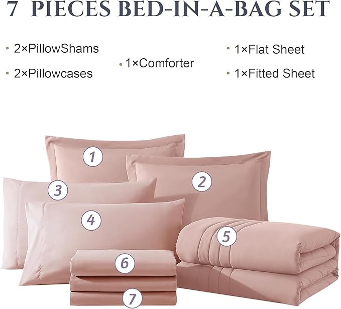 Monbix King Size Comforter Set - 7 Pieces Light Pink Bed in a Bag King Bedding Sets with Comforters, All Seasons Comforter Bed Set with Sheets, Pillowcases & Shams (102"x90")