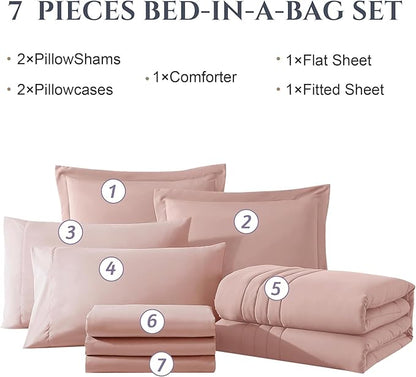 Monbix Full Comforter Set - 7 Pieces Light Pink Bed in a Bag Full Size Bedding Sets with Comforters, All Seasons Comforter with Sheets, Pillowcases & Shams