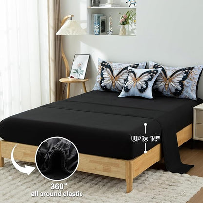 A Nice Night 6pcs Bed in A Bag Black and Glod Dreamy 3D Butterfly Pearl Flower Design, Butterflies Printed Bedding Twin Comforter Set, for Girls Kids Teens