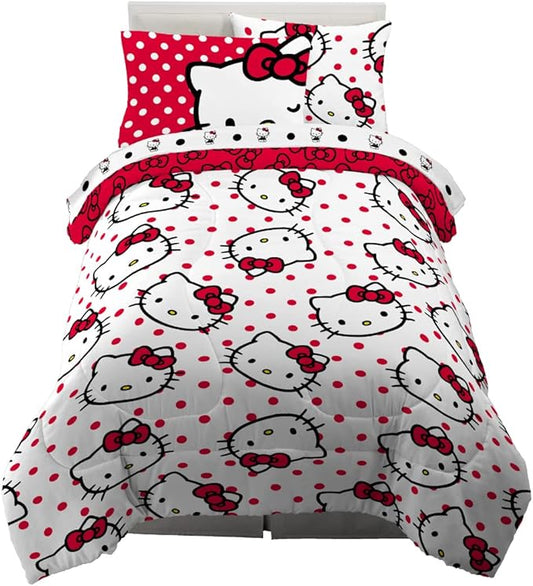 Hello Kitty Polka Dot Bedding 5 Piece Super Soft Comforter and Sheet Set with Sham, Twin, (Officially Licensed Product) by Franco Collectibles