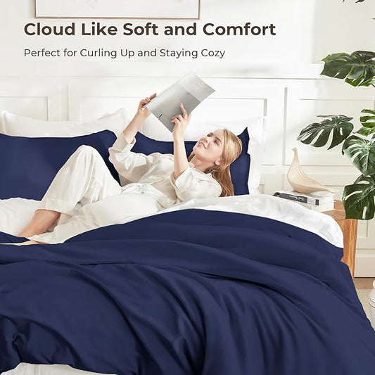 Litanika Navy Blue Comforter Set Full Size, 3 Pieces Boys Men Lightweight Solid Bedding Comforter Set, All Season Fluffy Down Alternative Bed Set (79x90In Comforter & 2 Pillowcases)
