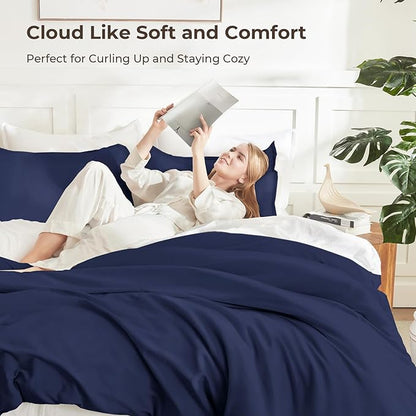 Litanika Navy Blue Comforter Set Queen Size, 3 Pieces Lightweight Solid Bedding Comforter Set, All Season Fluffy Down Alternative Bed Set (90x90In Comforter & 2 Pillowcases)