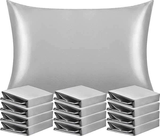 NTBAY 12 Pack Satin Standard Pillowcases for Hair and Skin, Luxurious and Silky Pillow Cases with Envelope Closure, 20 x 26 Inches, Silver Grey