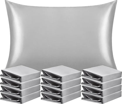 NTBAY 12 Pack Satin Standard Pillowcases for Hair and Skin, Luxurious and Silky Pillow Cases with Envelope Closure, 20 x 26 Inches, Silver Grey