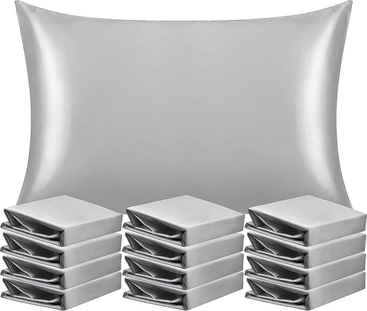 NTBAY 12 Pack Satin Standard Pillowcases for Hair and Skin, Luxurious and Silky Pillow Cases with Envelope Closure, 20 x 26 Inches, Silver Grey