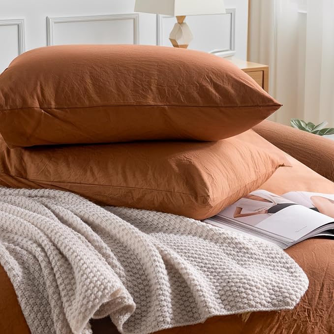 NEXHOME PRO Duvet Cover Set 100% Washed Cotton Super King 108"x98", Organic Natural Linen Look Textured 3 Pieces Bedding Set Terracotta Burnt Orange with Zipper Closure, Soft (No Comforter)