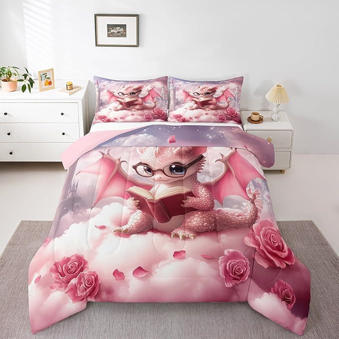 Kawaii Dragon Comforter Set Twin Size for Kids Western Magical Animal Bedding Sets All Season Pink Rose Flower Castle Quilt Set Bedroom Decor Dreamy Gradient Sky Down Comforter,2Pcs