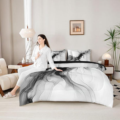 Erosebridal Black and White 7 Piece Comforter Set Twin Abstract Bedroom Decor for Men Teens Modern Ombre Grey Marble Bedding Set Elegant Ink Texture Neutral Sheet Set Marbling Minimalist Art Quilt