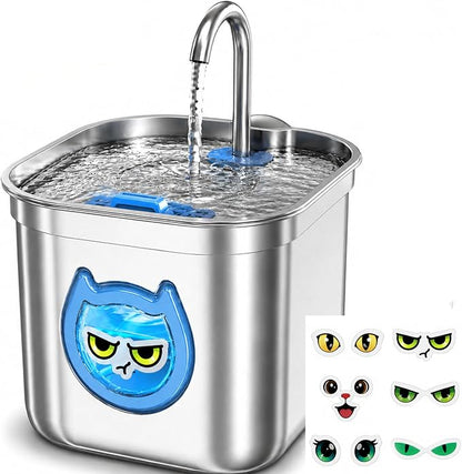 Homtyler Luxury Automatic Cat Water Fountain for Pets, 2.2L/74oz Stainless Steel Dog Water Dispenser with Filter, BPA Free & Silent, Featuring LED Light, Easy Clean & Cat View Window