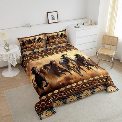 Feelyou Boho Comforter Set Full Size Horses Comforter Southwestern Native Aztec Bedding Set Retro Exotic Boho Duvet Set Room Decor Dark Brown Quilt Set