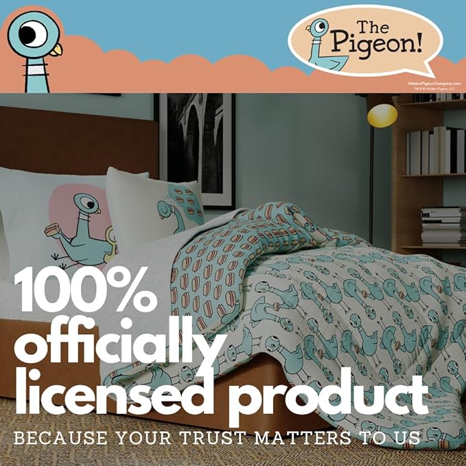 The Pigeon Finds A Hot Dog Full Bedding Set – 7 Piece Super Soft Microfiber Reversible Comforter, Sheet Set & Sham - Book by Mo Willems (Officially Licensed Product) by Franco