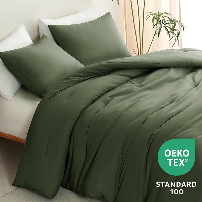 CozyLux King Size Comforter Set Olive Green, 3 Pieces Solid Comforters King Size Breathable Quilted Bedding Sets, Luxury Soft Lightweight Bed Set with Down Alternative Comforter and 2 Pillowcases