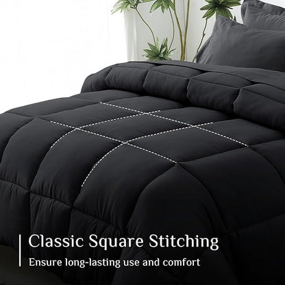 JOLLYVOGUE Full Comforter Set, Ultra-Soft Bed in a Bag Full Size 7 Pieces, Oeko-TEX Certified Bedding Set with Down Alternative Comforter, Sheets, Pillowcases & Shams, Black