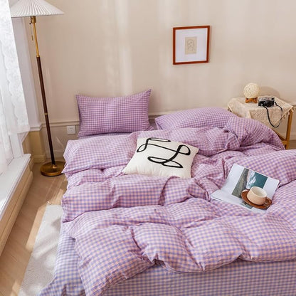EAVD Purple Gingham Comforter Set Full Soft Mini Checkered Plaid Bedding Set with 2 Pillowcases Modern Reversible Gingham Bedding Set for Boy Women Men Farmhouse Plaid Comforter Set for All-Season