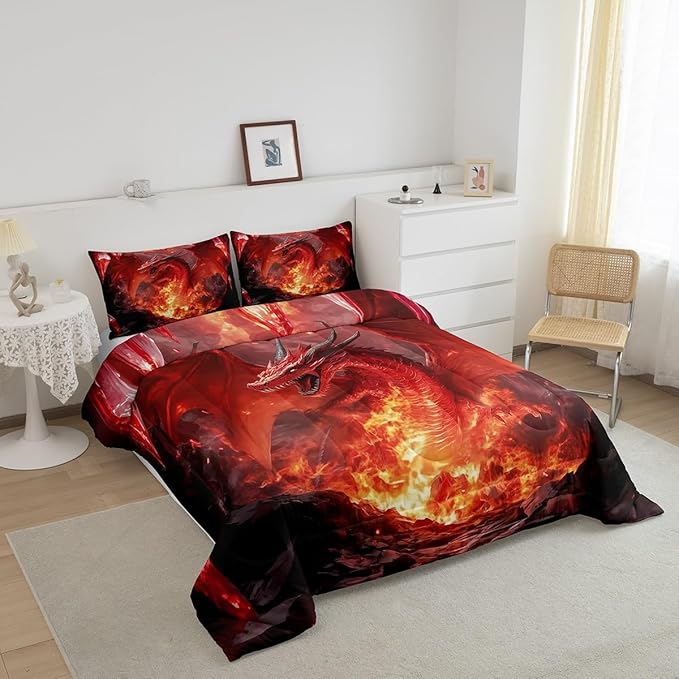 Castle Fairy Dragon Bed Comforter Set Queen Size,Glowing Flame Dragon Super Soft Microfiber Bedding Set for Girls Boys,Wild Animals Cool Magical Style Decorative Quilter Set