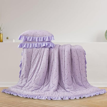 A Nice Night Delicate Bows Print On Purple Background Bedding Set,Ruffle 6 Piece Bed in a Bag Matching Sheet Set,Princess Style Chic Bowknot Printed,Full
